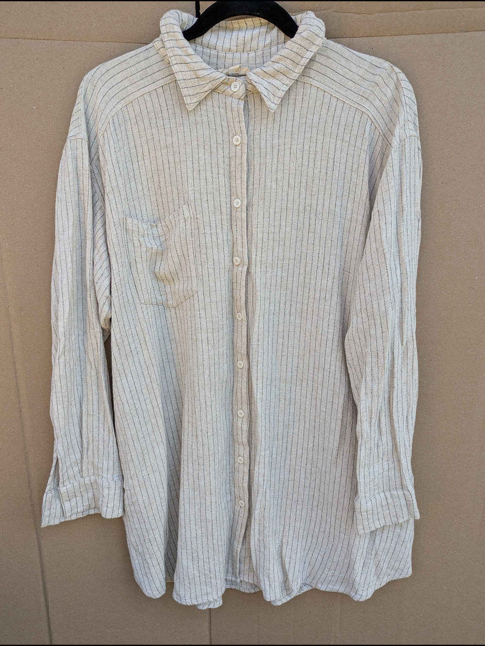 Easel LA Lagenlook Linen Blend Striped Button Up Tunic Shirt Large 

Keyword